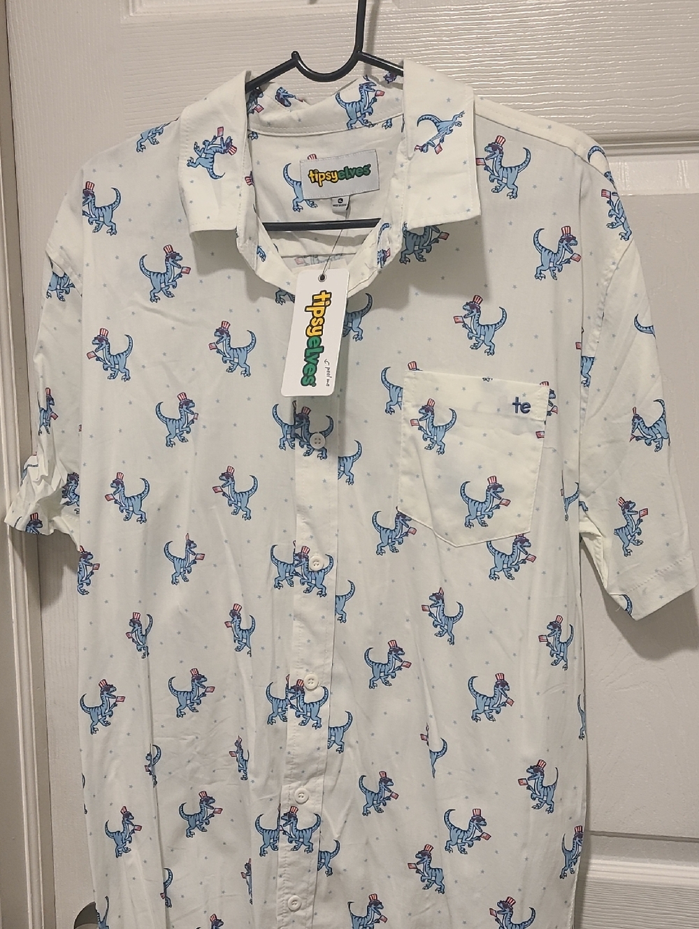 Nwt Tipsy Elves White Short-Sleeve Button-Up Shirt with Blue Dino Print